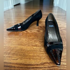 STUART WEITZMAN Kitten Heels Tortoiseshell Suede Pumps Shoes Pointed Leather 5.5